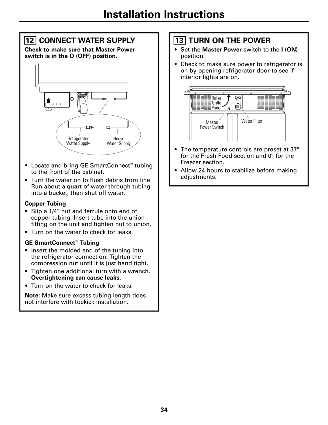 GE 42, 48 Connect Water Supply, Turn on the Power, Copper Tubing, GE SmartConnect Tubing, Overtightening can cause leaks 