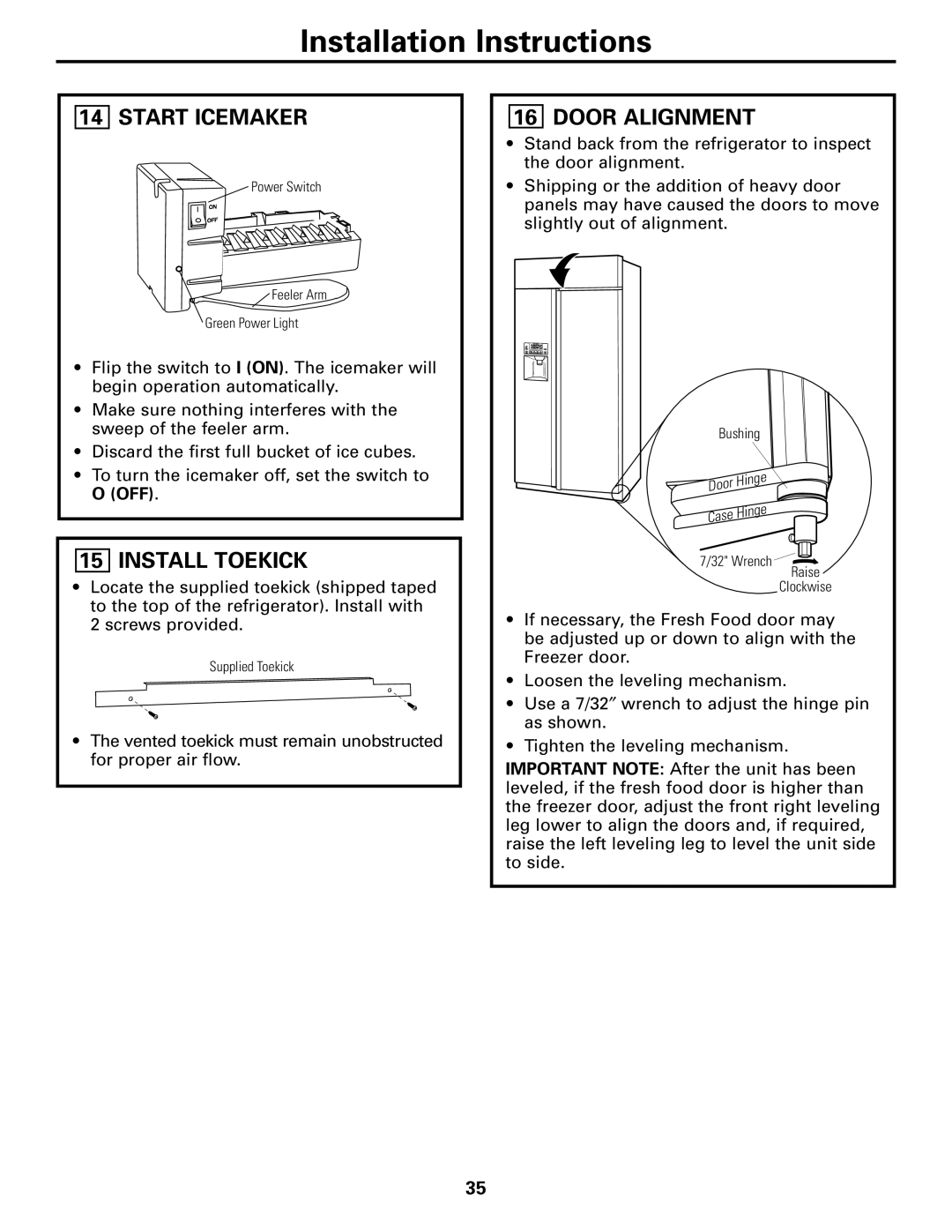 GE 48, 42 owner manual Start Icemaker, Install Toekick, Door Alignment 