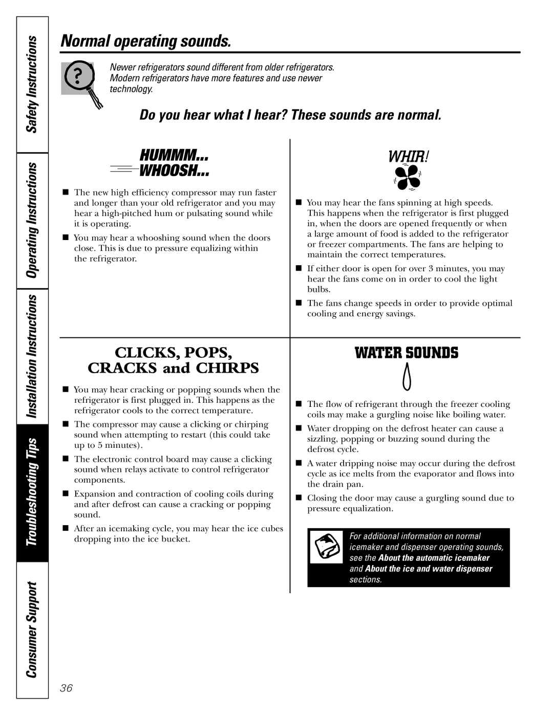 GE 42, 48 owner manual Normal operating sounds, Hummm Whoosh 