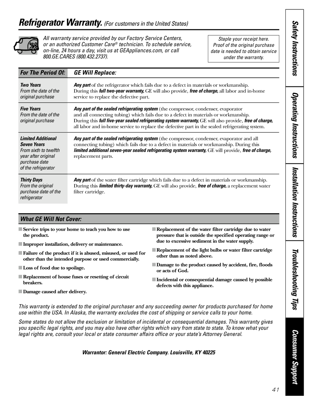 GE 48, 42 owner manual GE Will Replace, What GE Will Not Cover 