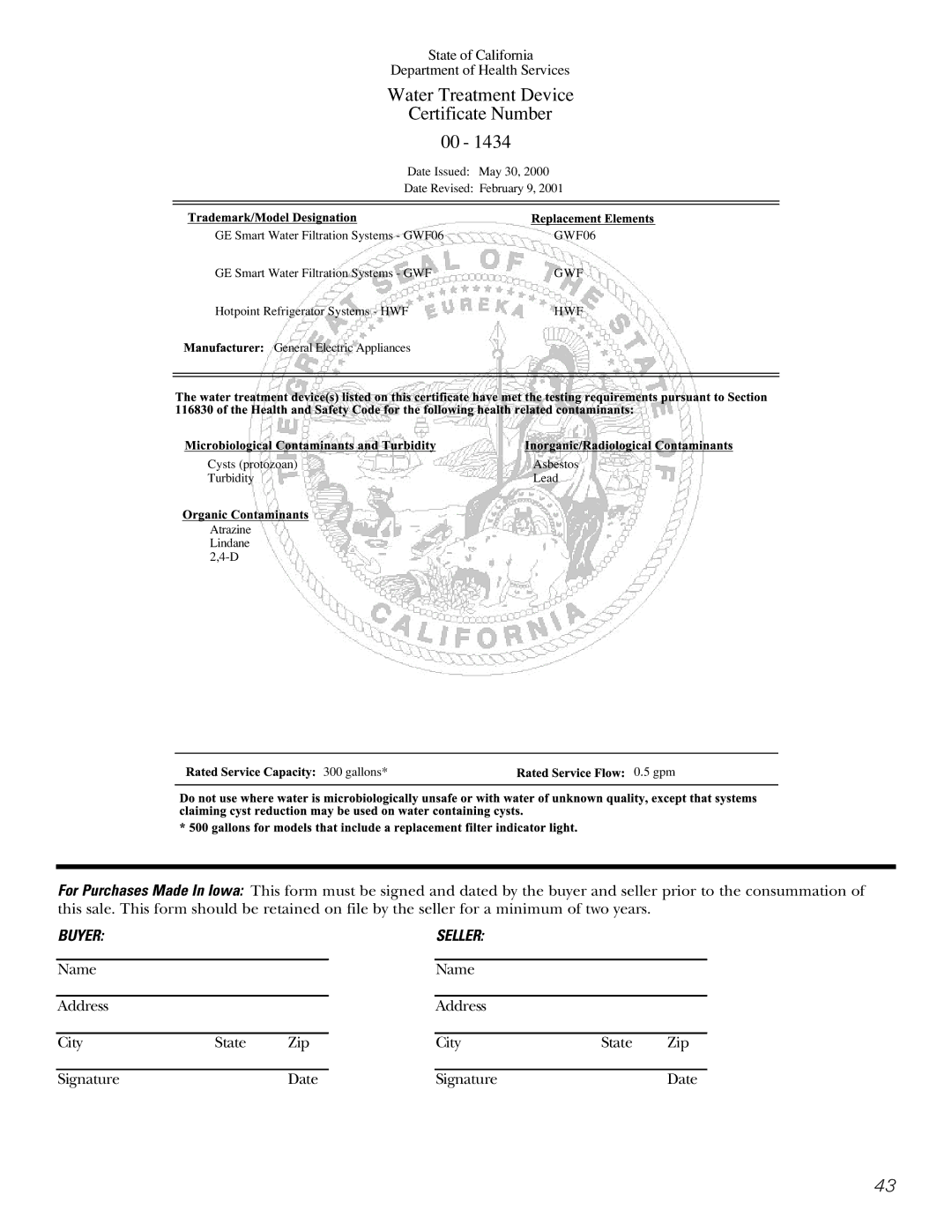 GE 48, 42 owner manual Water Treatment Device Certificate Number 