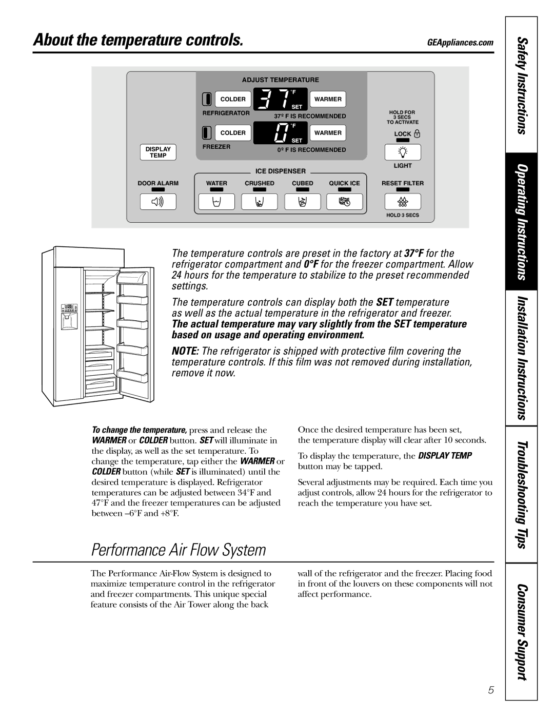 GE 48, 42 owner manual Performance Air Flow System 