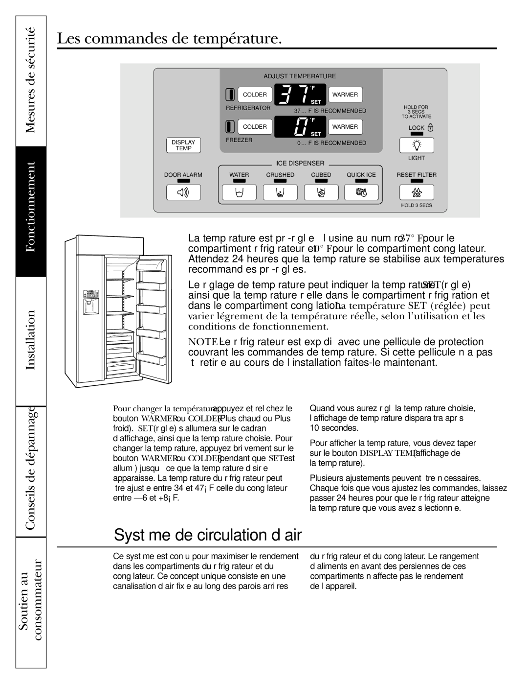 GE 42, 48 owner manual Les commandes de température, Système de circulation d’air 