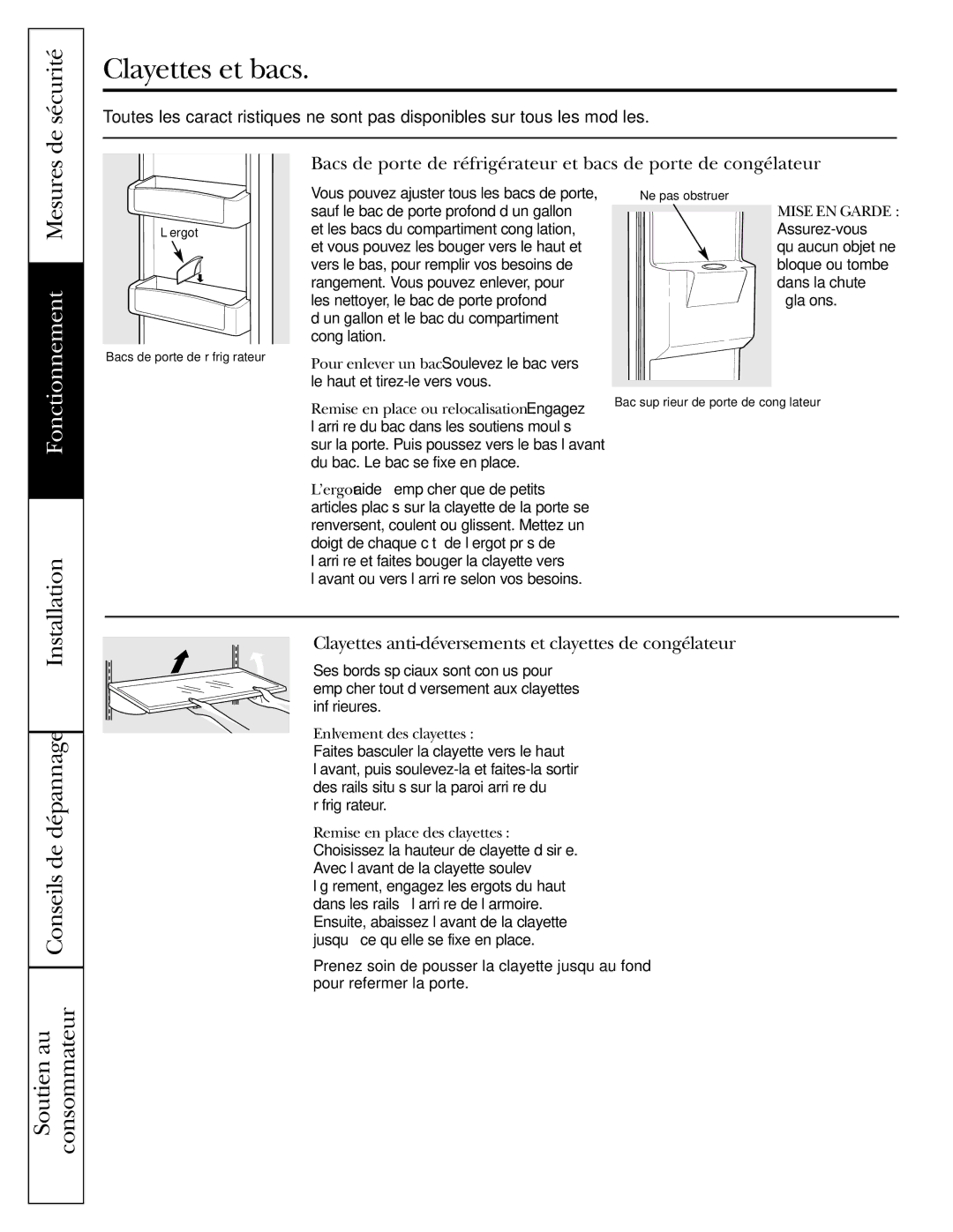 GE 42 Clayettes et bacs, Clayettes anti-déversements et clayettes de congélateur, Pour enlever un bac Soulevez le bac vers 