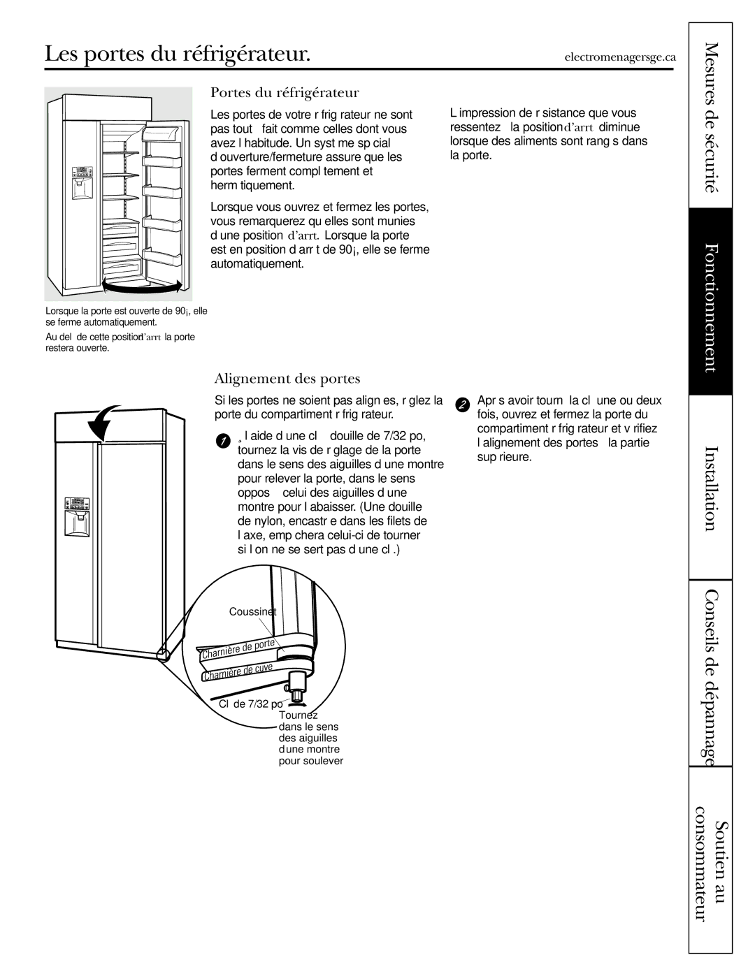 GE 48, 42 owner manual Les portes du réfrigérateur, Portes du réfrigérateur, Alignement des portes 