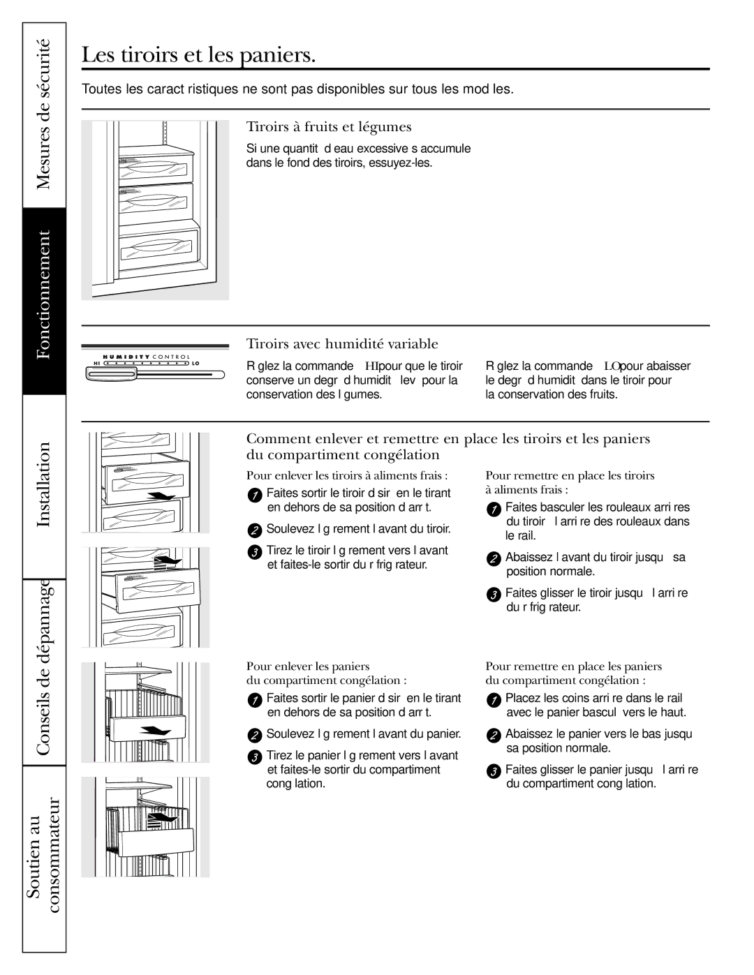 GE 42, 48 owner manual Les tiroirs et les paniers, Tiroirs à fruits et légumes, Tiroirs avec humidité variable 