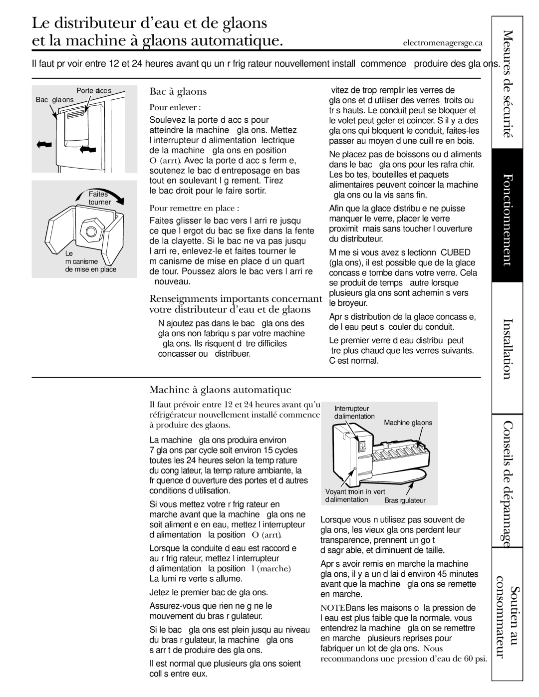 GE 48, 42 owner manual Bac à glaçons, Machine à glaçons automatique, Pour enlever, Pour remettre en place 