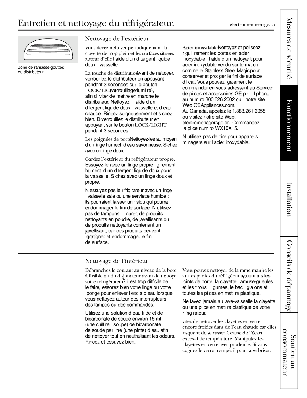 GE 48, 42 owner manual Entretien et nettoyage du réfrigérateur, Nettoyage de l’extérieur, Nettoyage de l’intérieur 