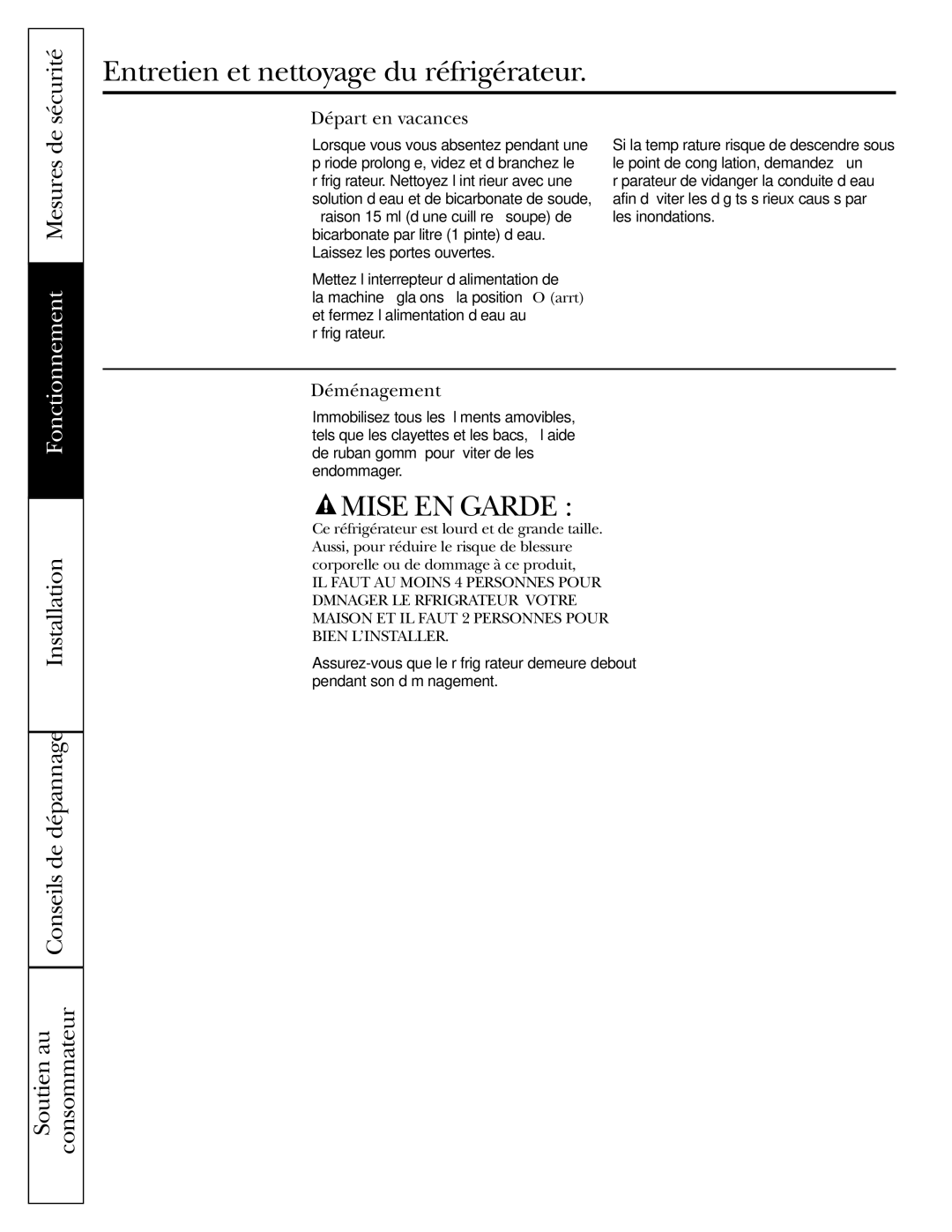 GE 42, 48 owner manual Départ en vacances, Déménagement 