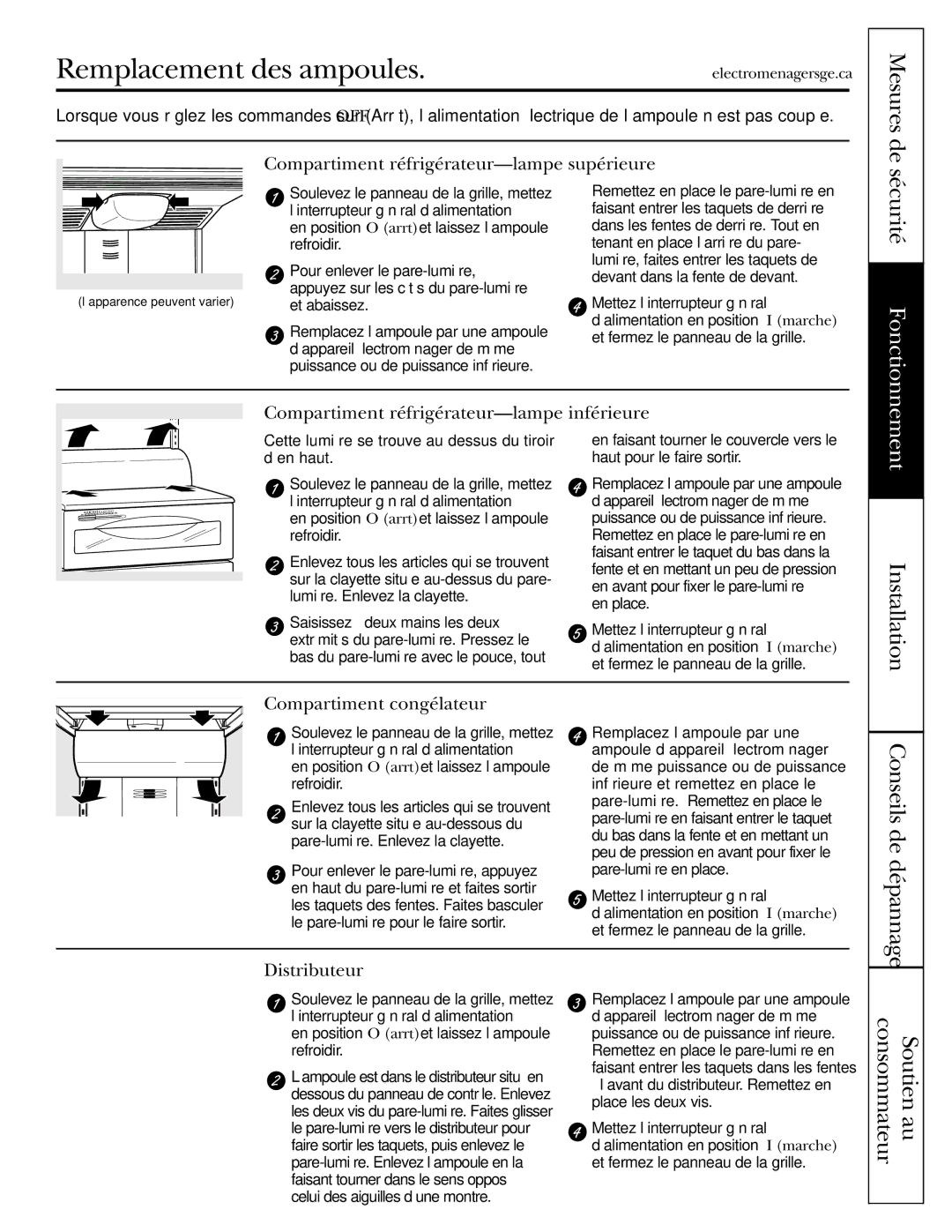 GE 48 Remplacement des ampoules, Compartiment réfrigérateur-lampe supérieure, Compartiment réfrigérateur-lampe inférieure 