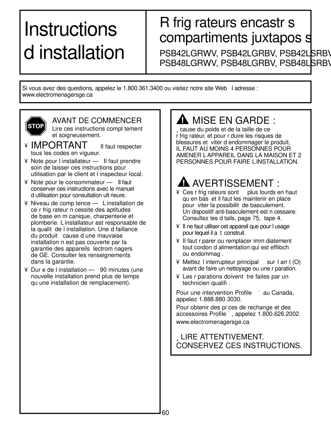 GE 42, 48 owner manual Avant DE Commencer, Lire ces instructions complètement et soigneusement 