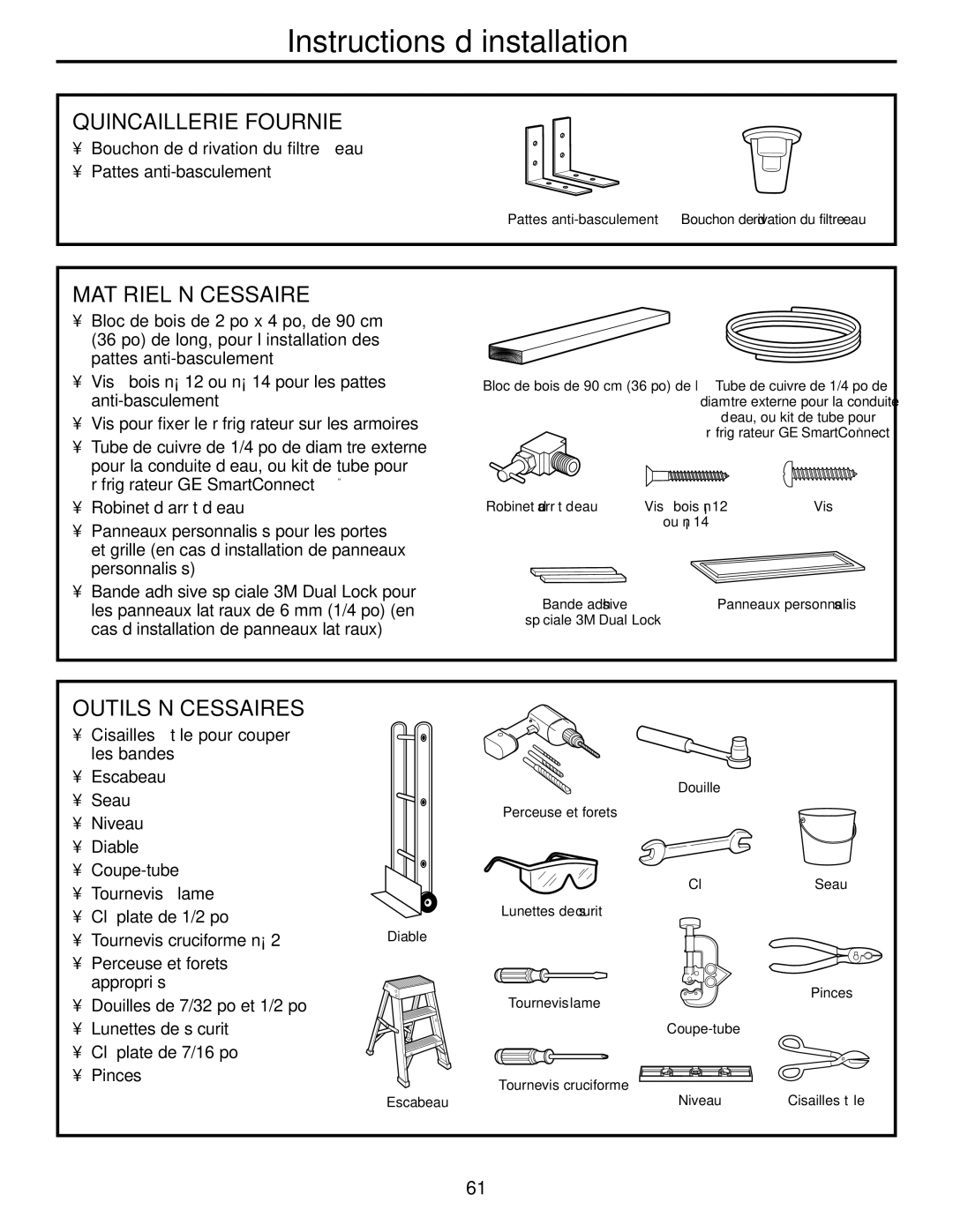 GE 48, 42 owner manual Quincaillerie Fournie, Matériel Nécessaire, Outils Nécessaires 