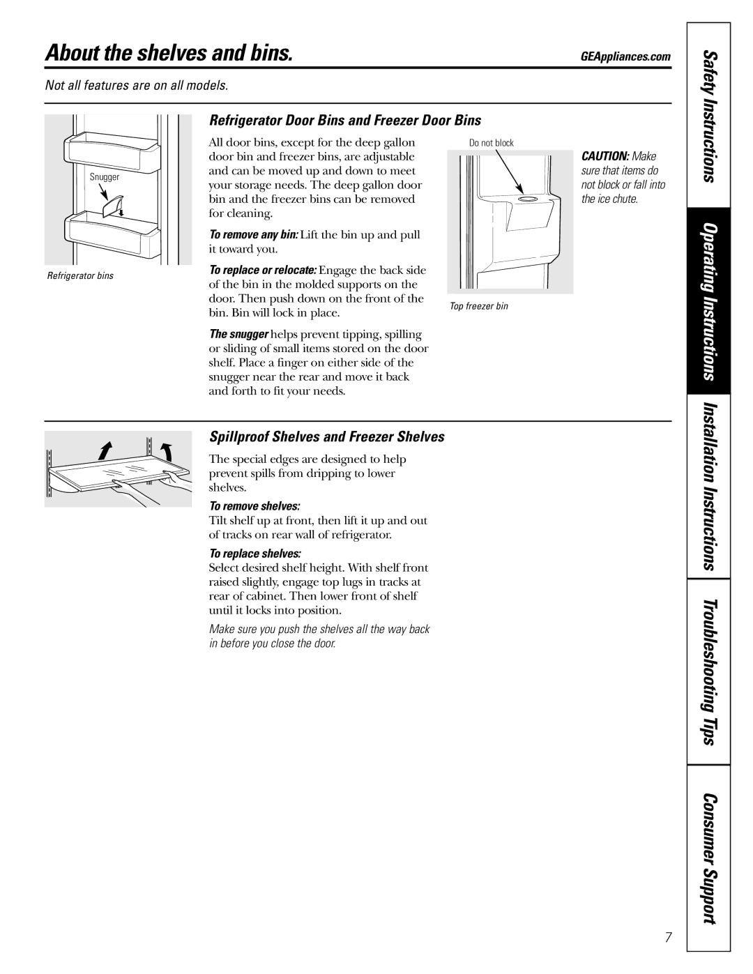 GE 48, 42 About the shelves and bins, Refrigerator Door Bins and Freezer Door Bins, Spillproof Shelves and Freezer Shelves 