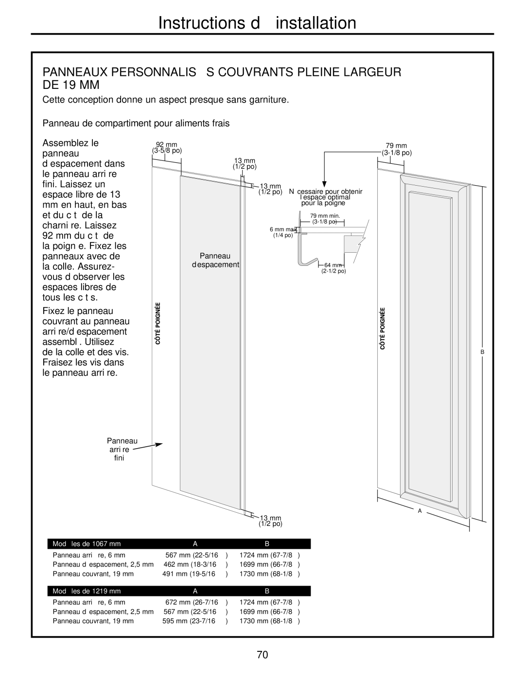 GE 42, 48 owner manual Panneaux Personnalisés Couvrants Pleine Largeur DE 19 MM, Panneau de compartiment pour aliments frais 