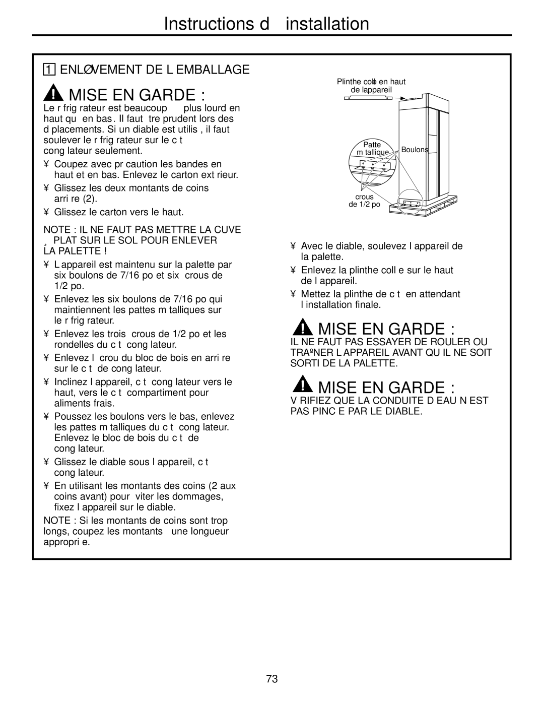 GE 48, 42 owner manual Enlèvement DE L’EMBALLAGE, Plat SUR LE SOL Pour Enlever LA Palette 