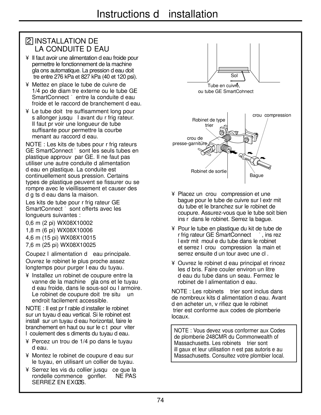 GE 42, 48 owner manual Installation DE LA Conduite D’EAU, Coupez l’alimentation d’eau principale 