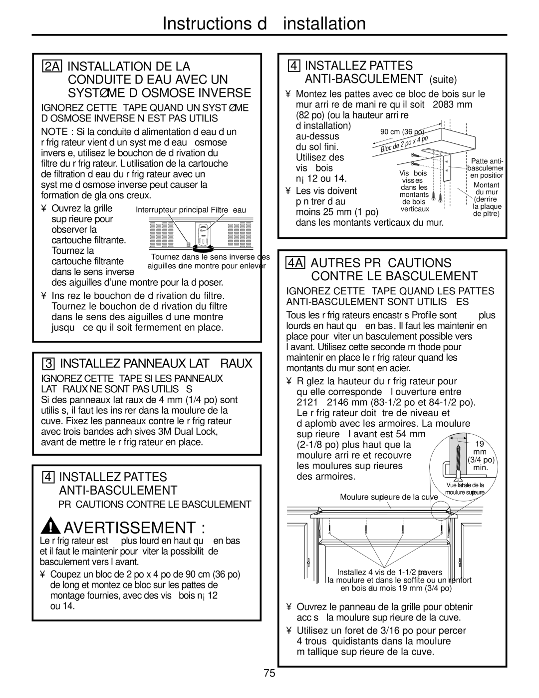 GE 48, 42 owner manual Installez Panneaux Latéraux, Installez Pattes, Anti-Basculement 