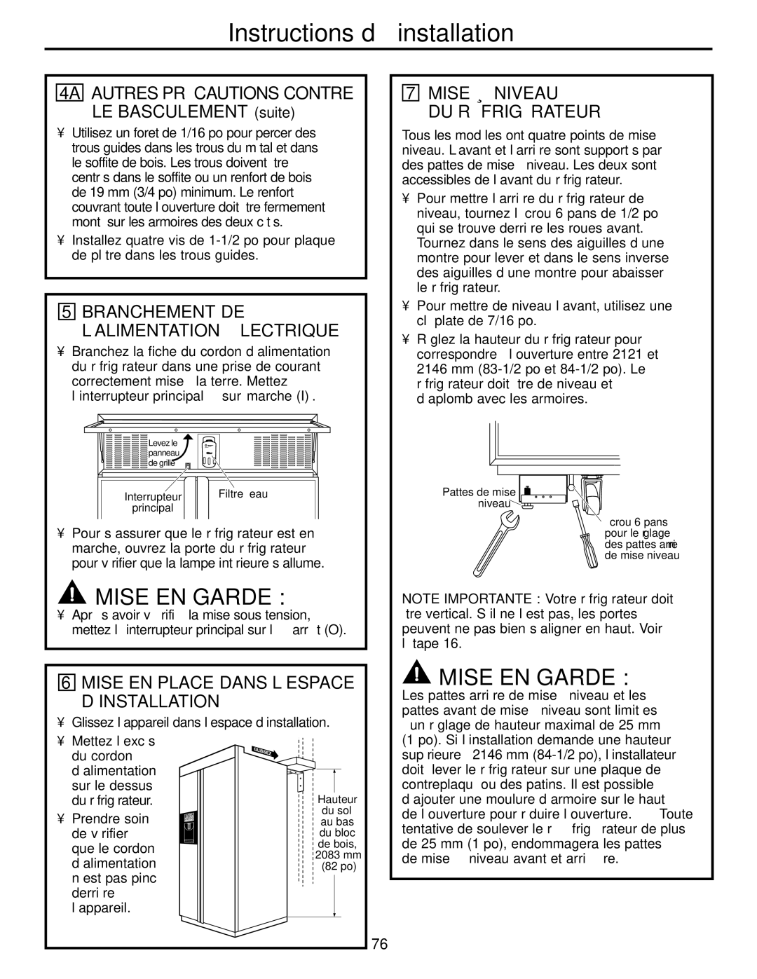 GE 42 Branchement DE ’ALIMENTATION Électrique, Mise EN Place Dans L’ESPACE D’INSTALLATION, Mise À Niveau DU Réfrigérateur 