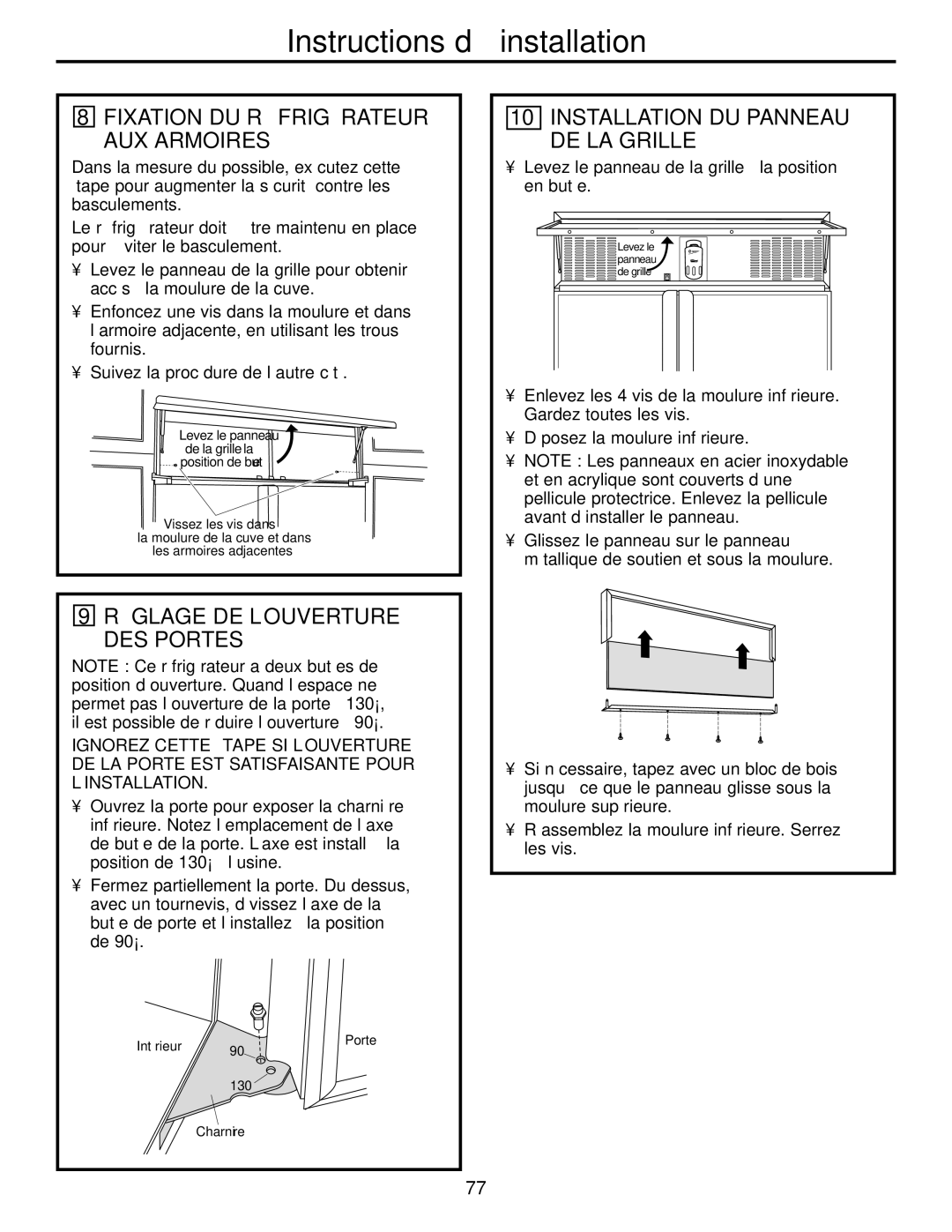 GE 48, 42 owner manual Installation DU Panneau DE LA Grille, Fixation DU Réfrigérateur AUX Armoires 