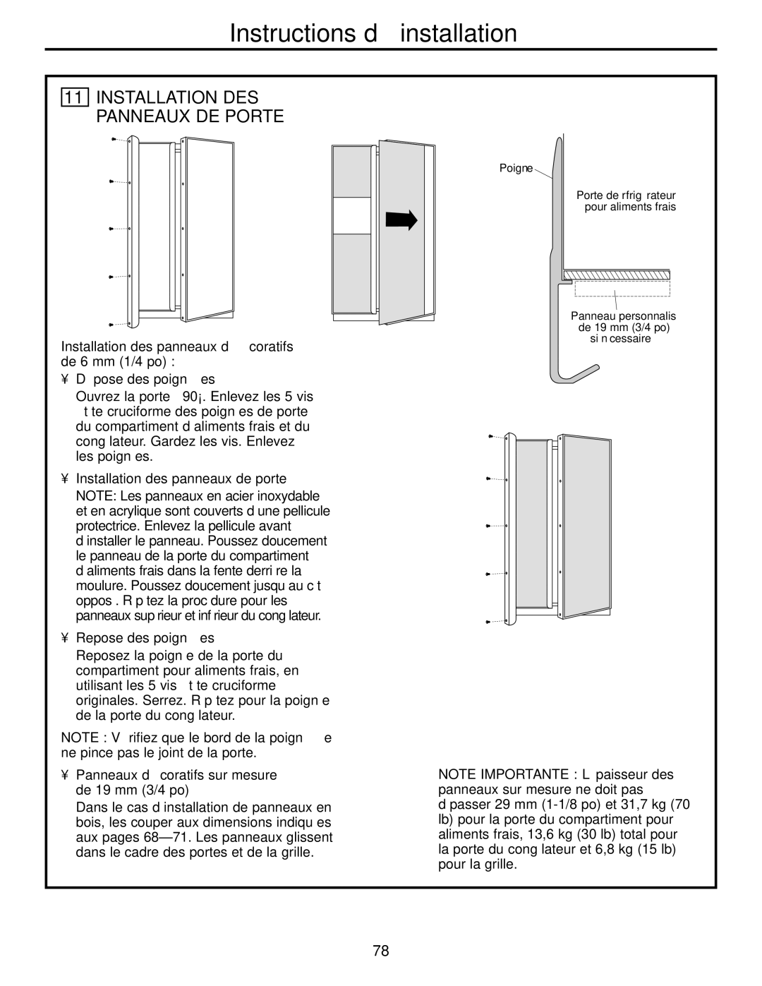 GE 42, 48 owner manual Repose des poignées, Panneaux décoratifs sur mesure de 19 mm 3/4 po 