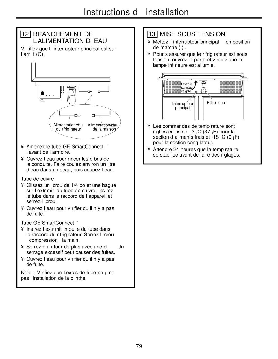 GE 48, 42 owner manual Branchement DE ’ALIMENTATION D’EAU, Mise Sous Tension 