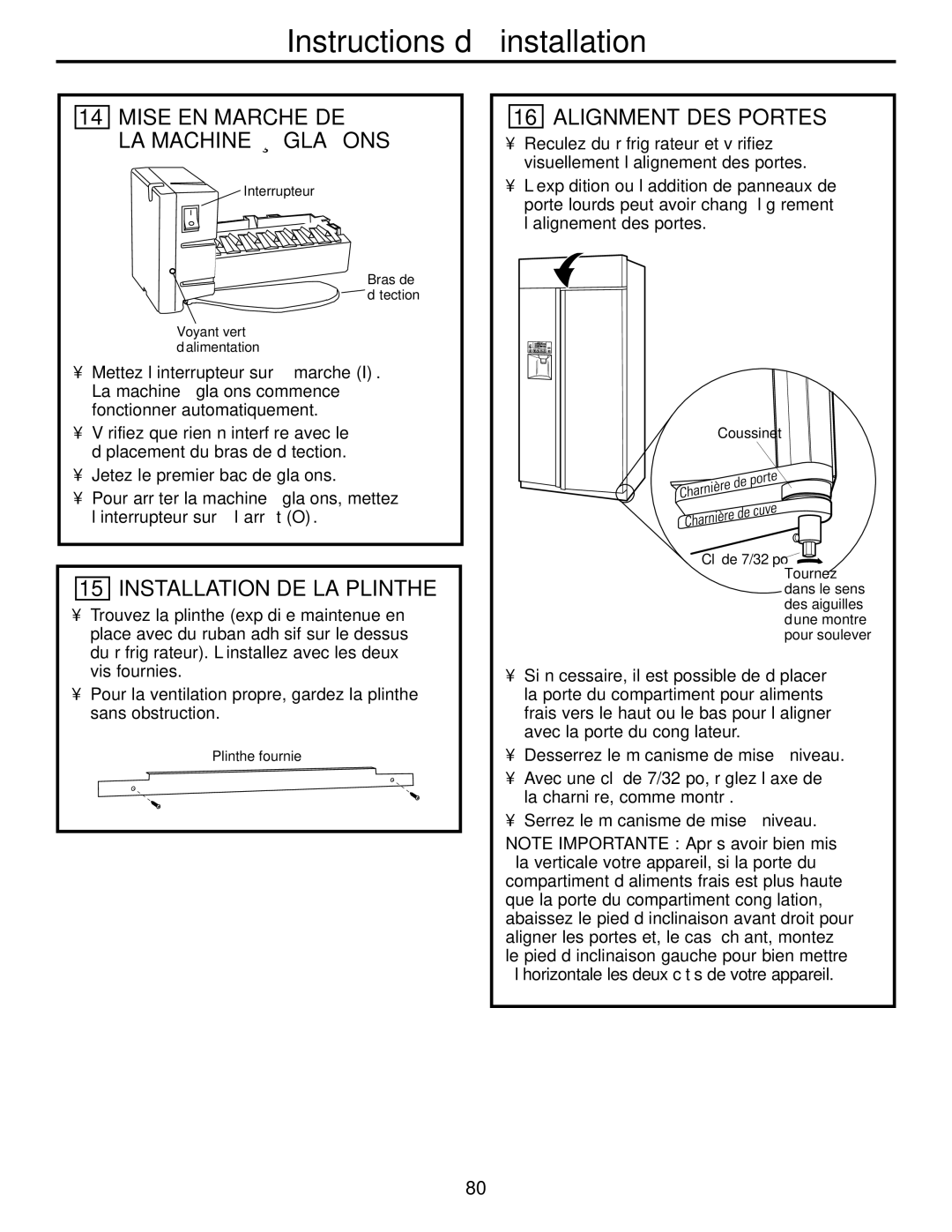 GE 42, 48 owner manual Mise EN Marche DE LA Machine À Glaçons, Installation DE LA Plinthe, Alignment DES Portes 