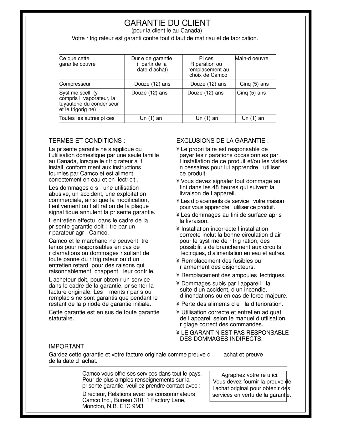 GE 42, 48 owner manual Garantie DU Client 