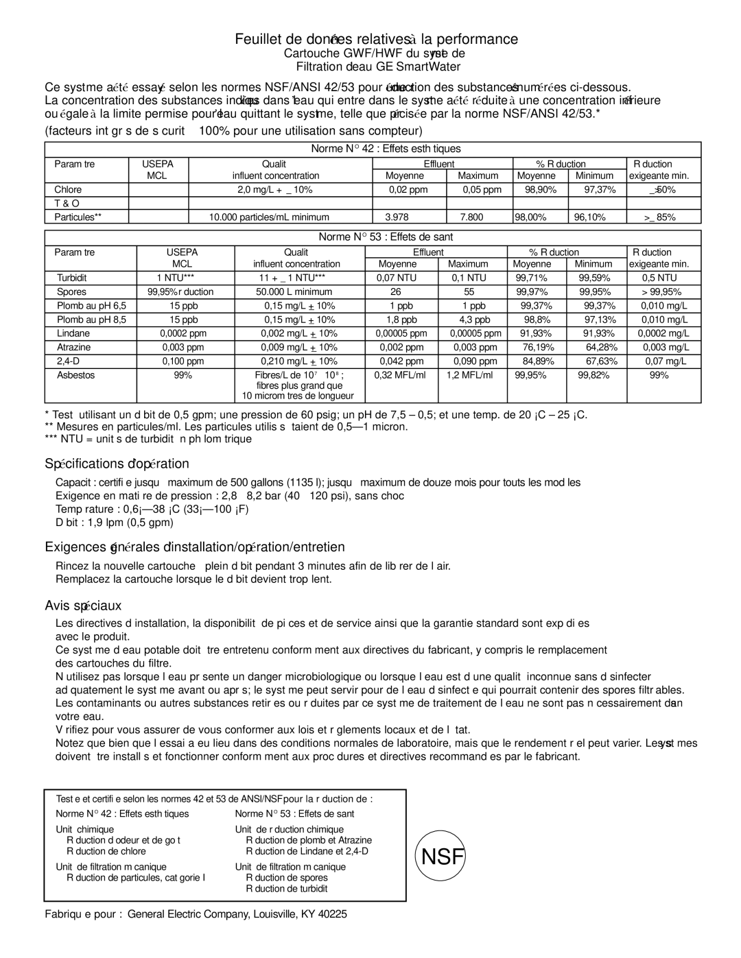 GE 48 owner manual Feuillet de données relatives à la performance, Norme no 42 Effets esthétiques 