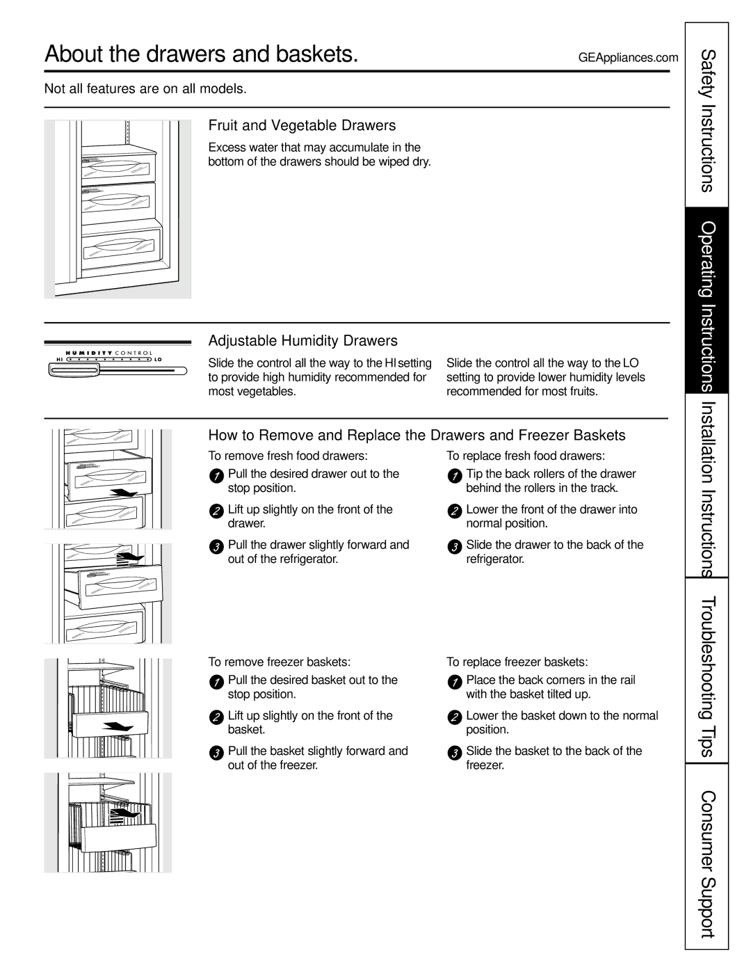 GE 48, 42 owner manual About the drawers and baskets, Fruit and Vegetable Drawers, Adjustable Humidity Drawers 