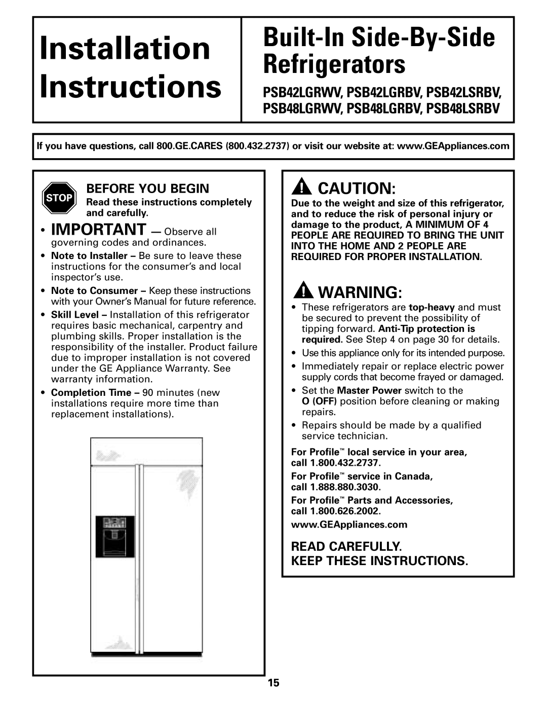 GE 48, 42 owner manual Before You Begin, Read Carefully Keep These Instructions, Installation Instructions 