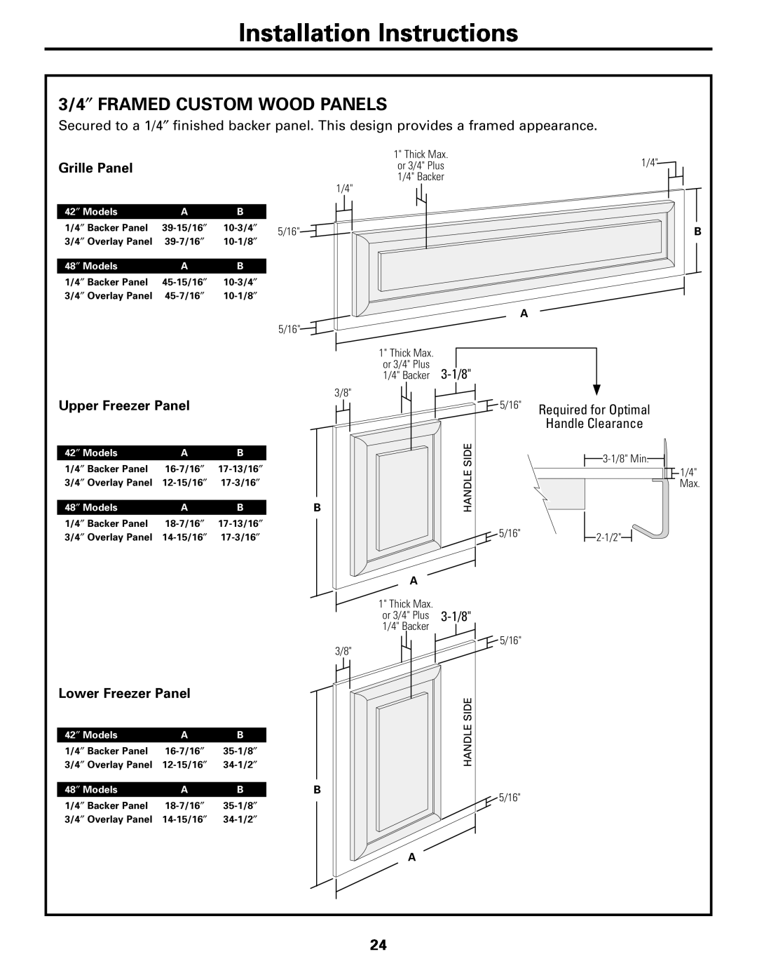 GE 42 Installation Instructions, 3/4″ FRAMED CUSTOM WOOD PANELS, Grille Panel, Upper Freezer Panel, Lower Freezer Panel 