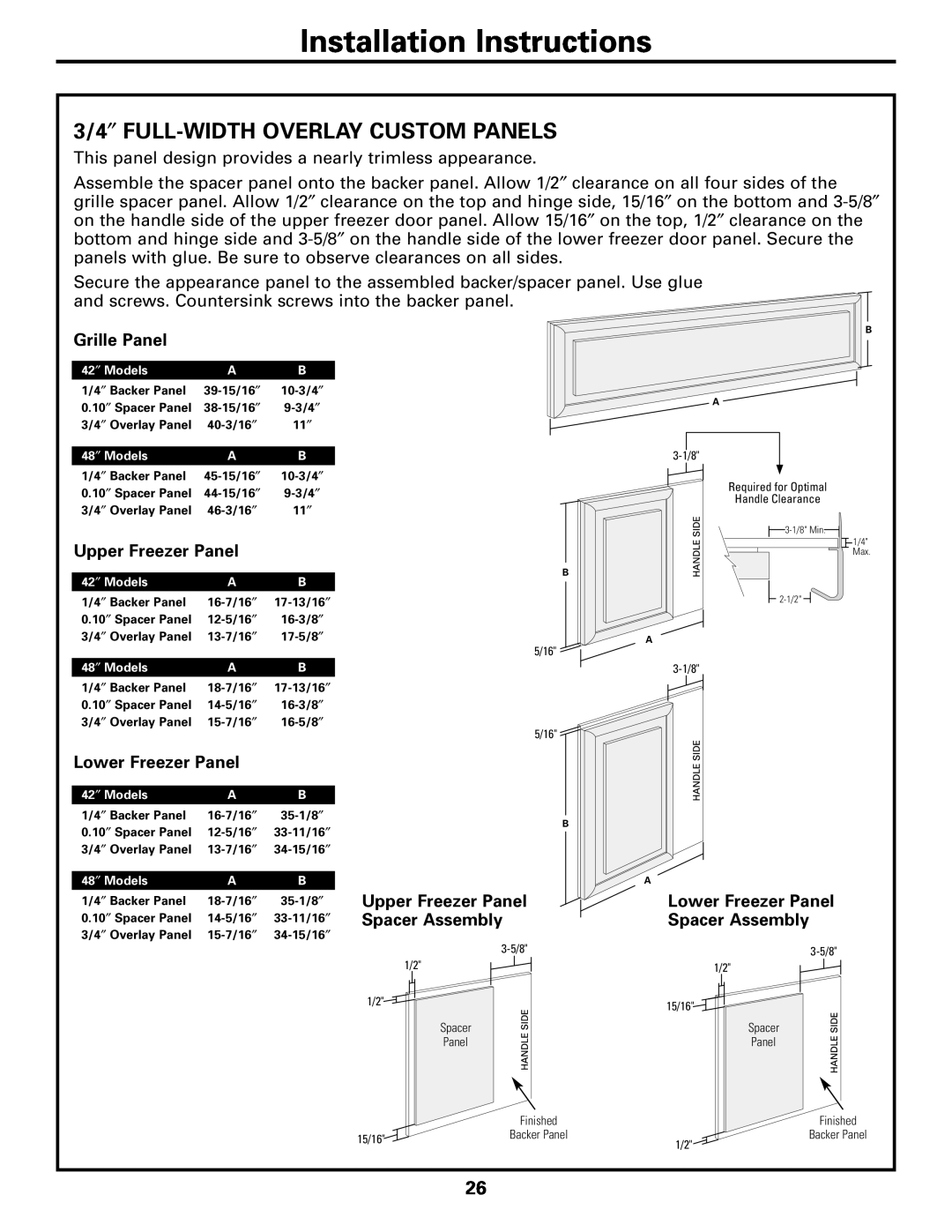 GE 42, 48 owner manual Installation Instructions, 3/4″ FULL-WIDTH OVERLAY CUSTOM PANELS, Grille Panel, Upper Freezer Panel 