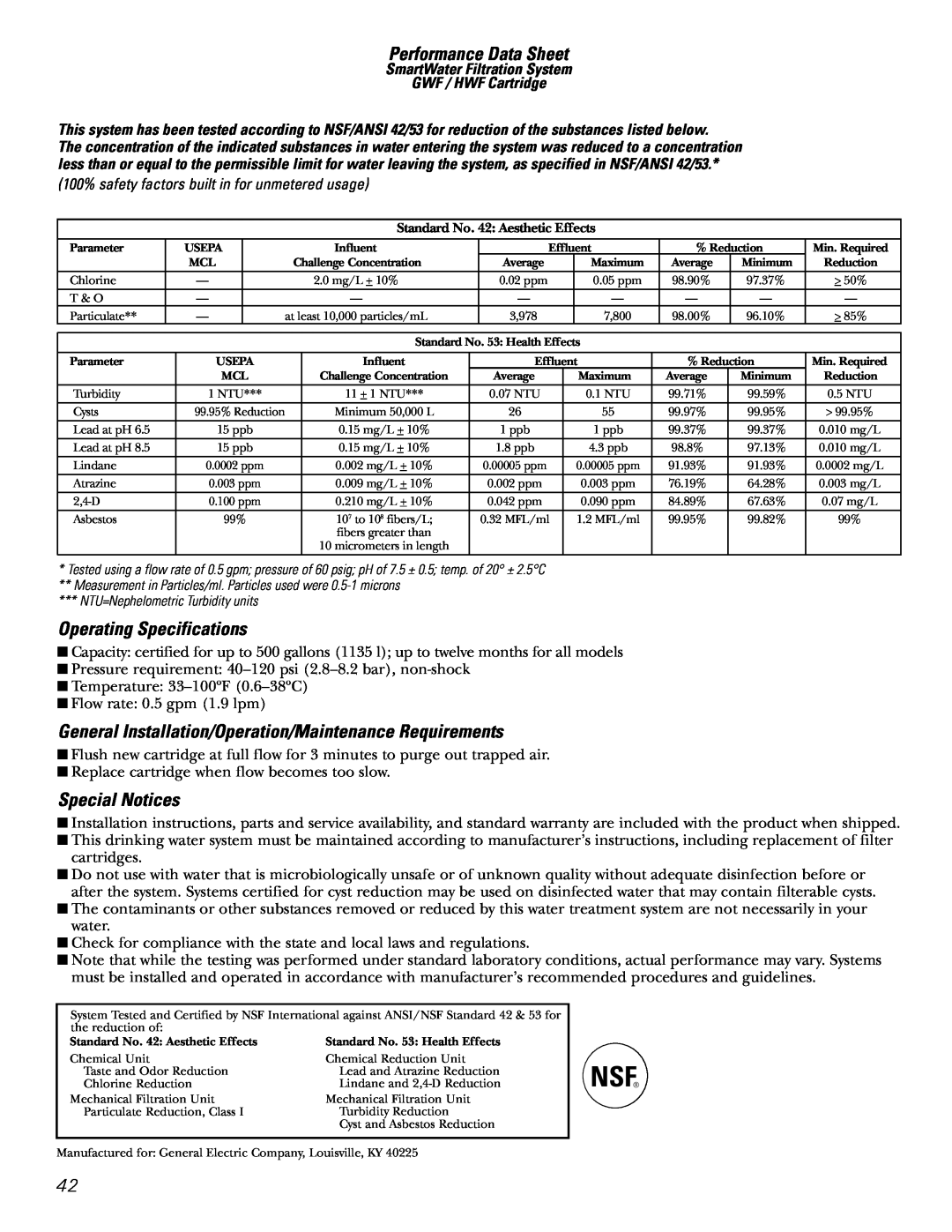 GE 42, 48 Performance Data Sheet, Operating Specifications, General Installation/Operation/Maintenance Requirements 