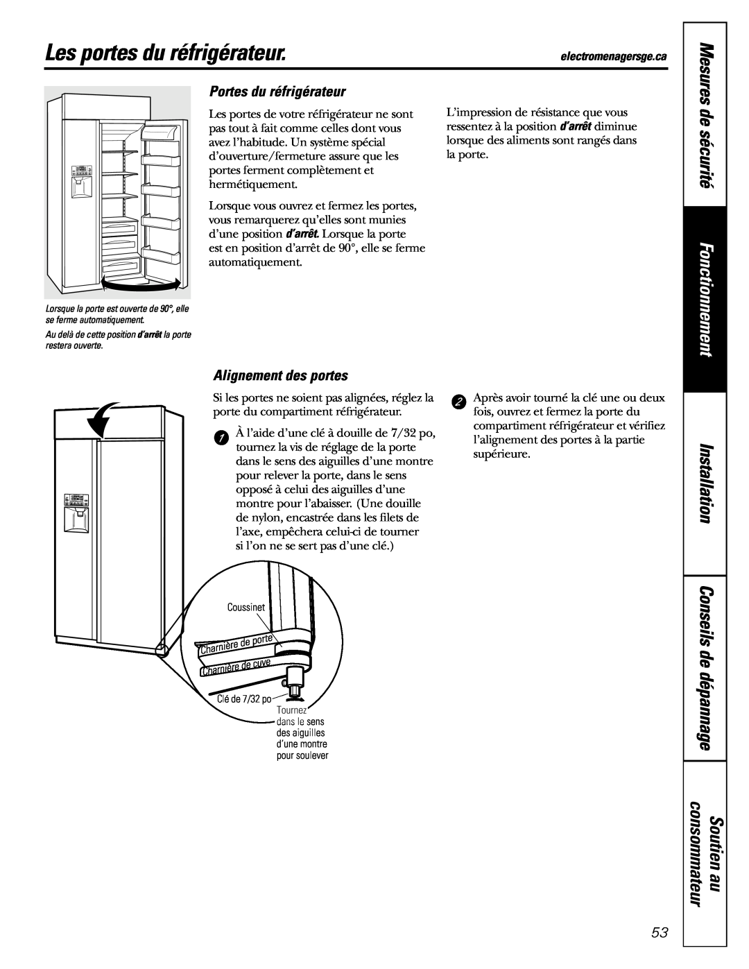GE 48 Les portes du réfrigérateur, Portes du réfrigérateur, Alignement des portes, de sécurité, Soutien au, consommateur 