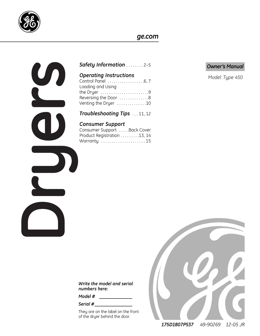 GE 450 operating instructions Dryers 