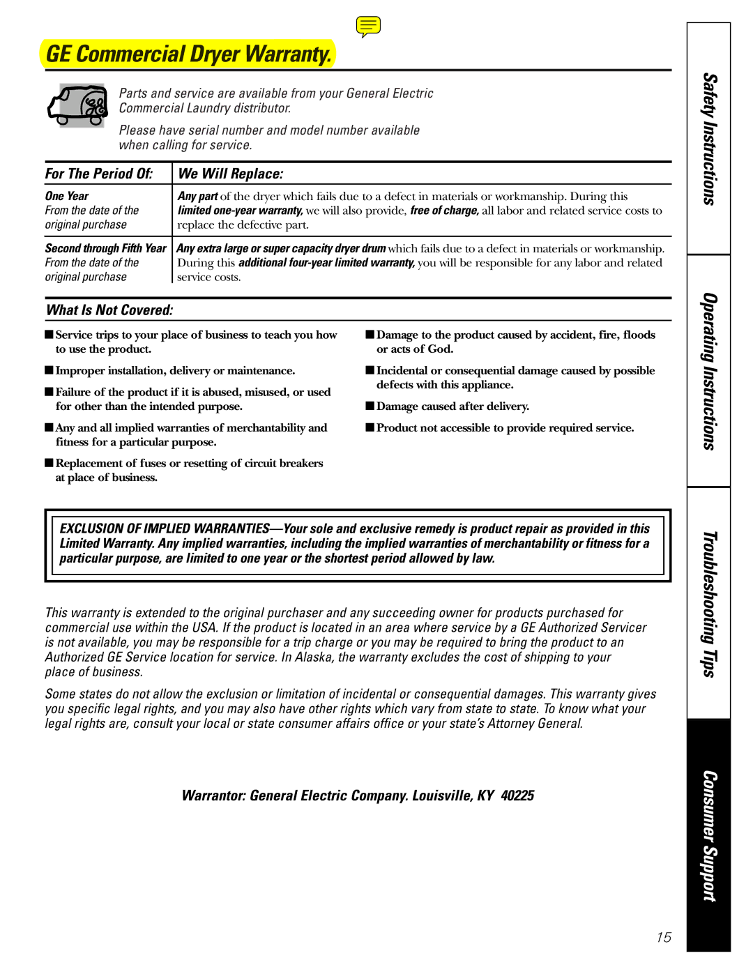 GE 450 operating instructions GE Commercial Dryer Warranty, For The Period We Will Replace, What Is Not Covered 