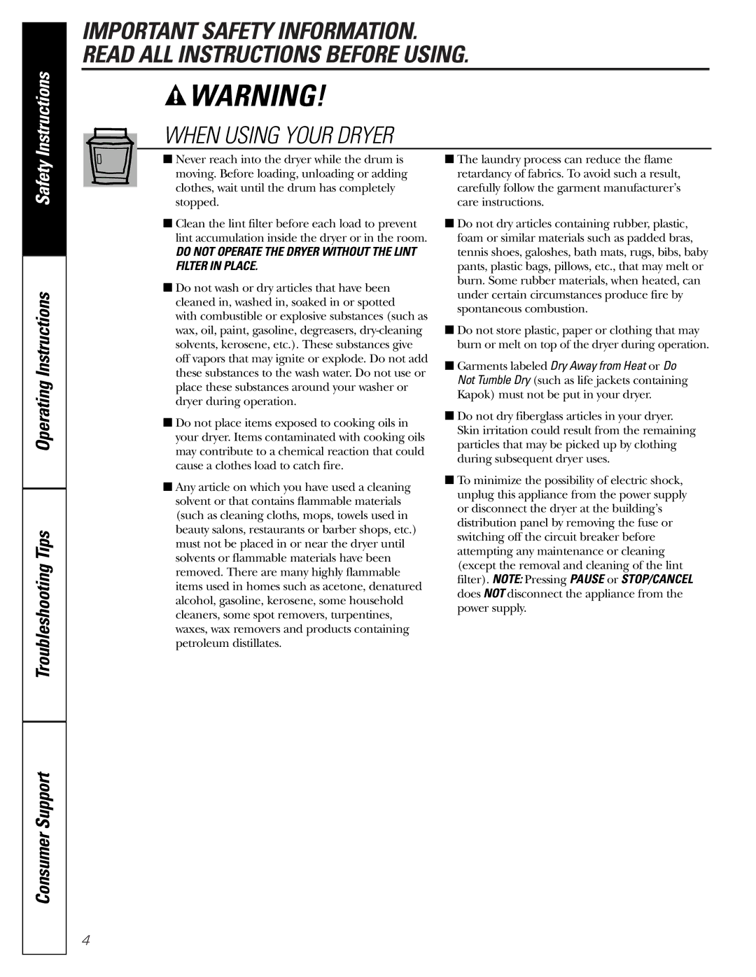 GE 450 operating instructions When Using Your Dryer 