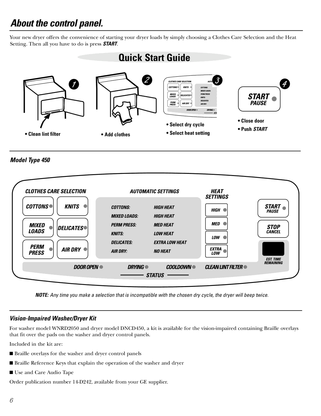 GE 450 operating instructions About the control panel, Model Type Vision-Impaired Washer/Dryer Kit 