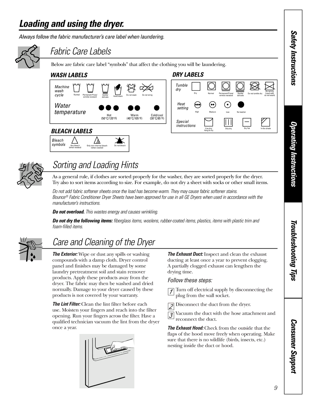 GE 450 operating instructions Loading and using the dryer, Fabric Care Labels 