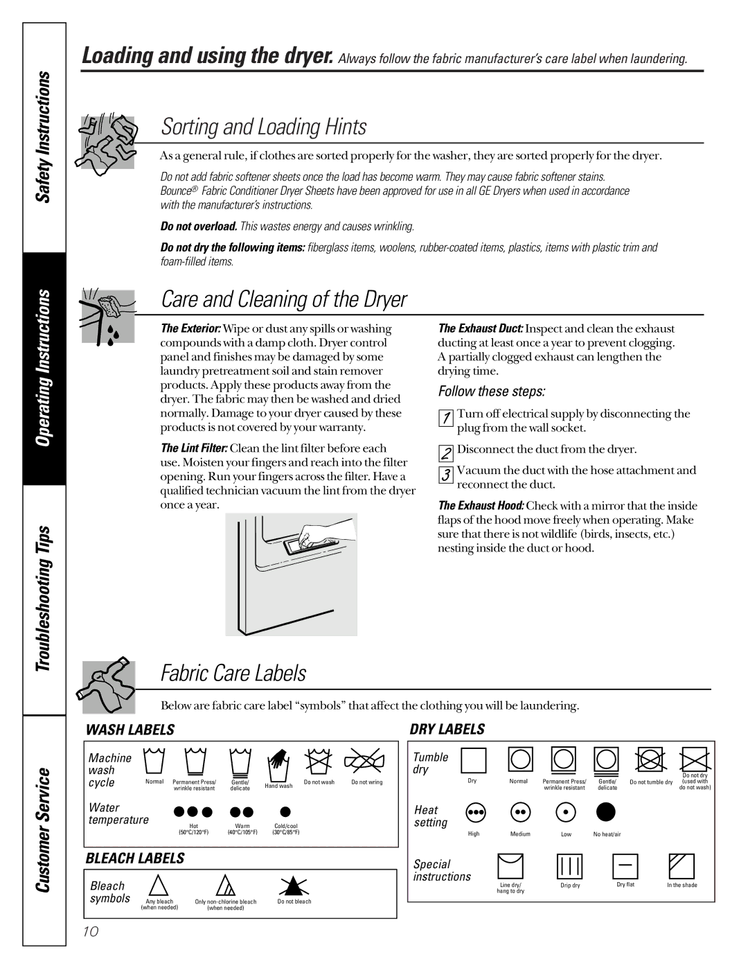 GE 4500 owner manual Sorting and Loading Hints, Care and Cleaning of the Dryer, Fabric Care Labels 