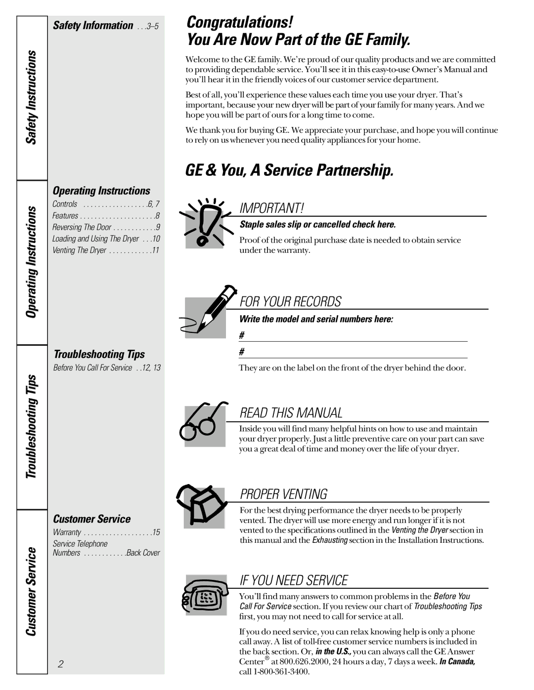 GE 4500 owner manual Congratulations You Are Now Part of the GE Family, GE & You, a Service Partnership, Service Telephone 