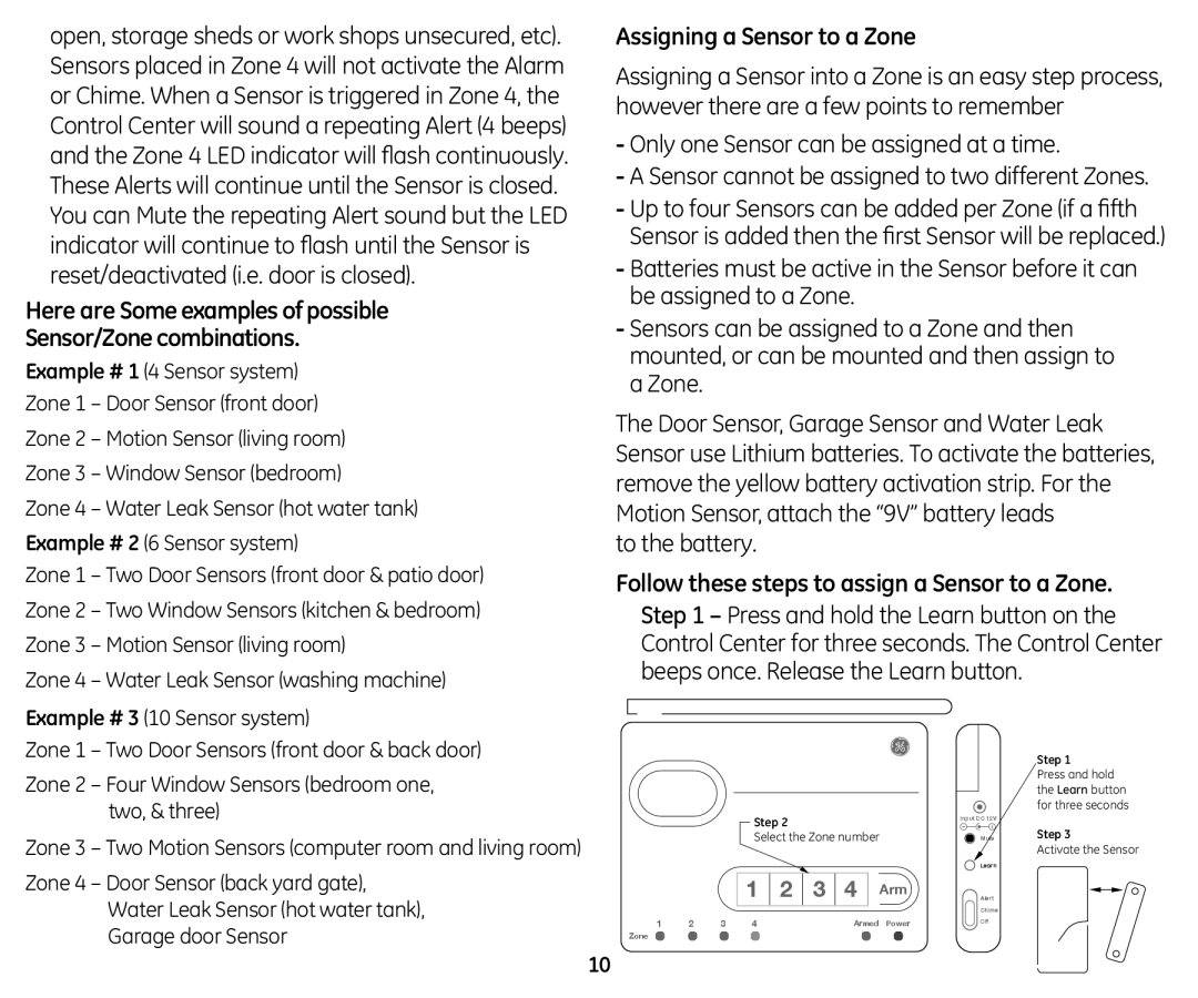 GE 45129 Here are Some examples of possible Sensor/Zone combinations, Assigning a Sensor to a Zone, To the battery 