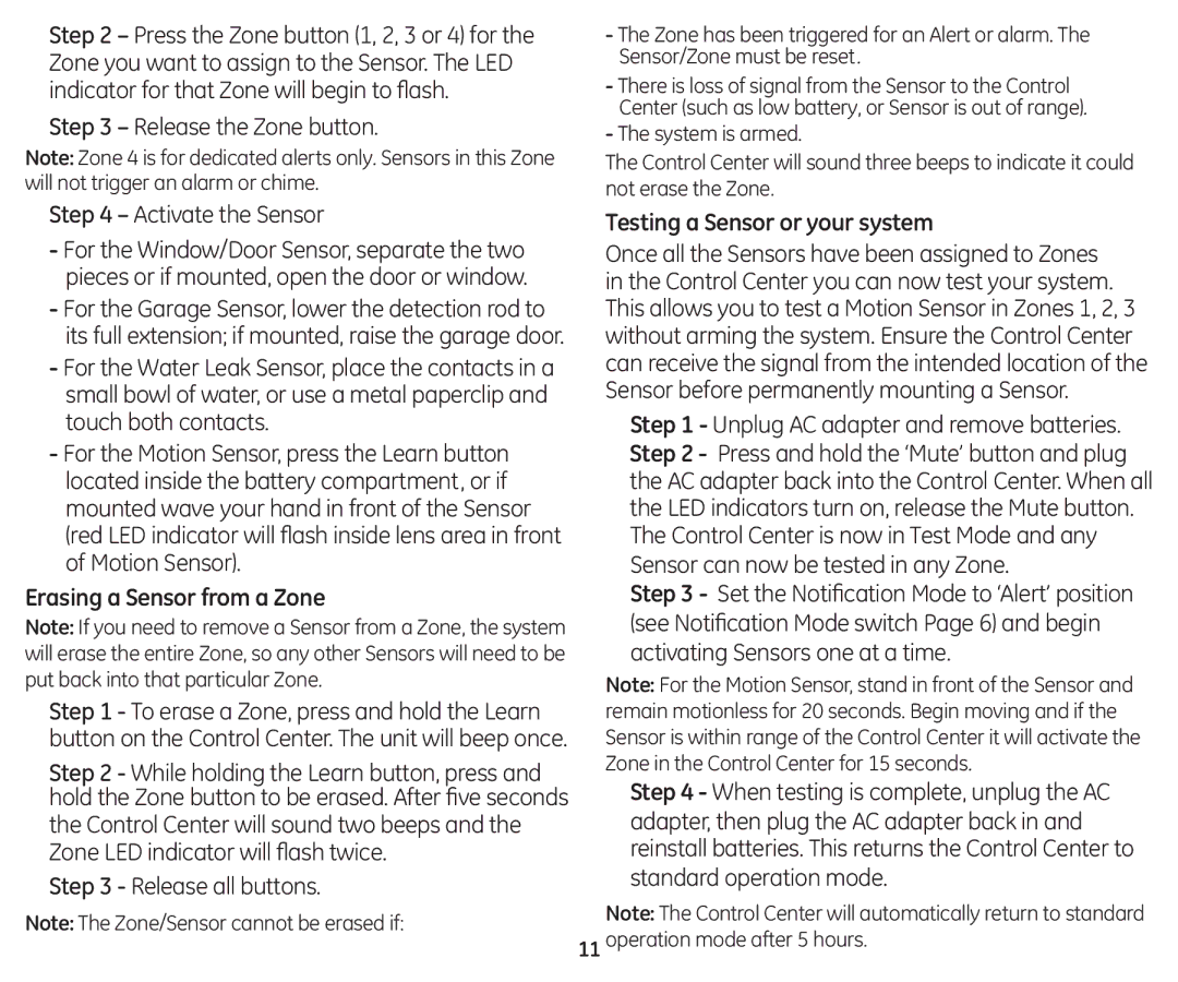 GE 45129 user manual Release the Zone button Activate the Sensor, Erasing a Sensor from a Zone, Release all buttons 