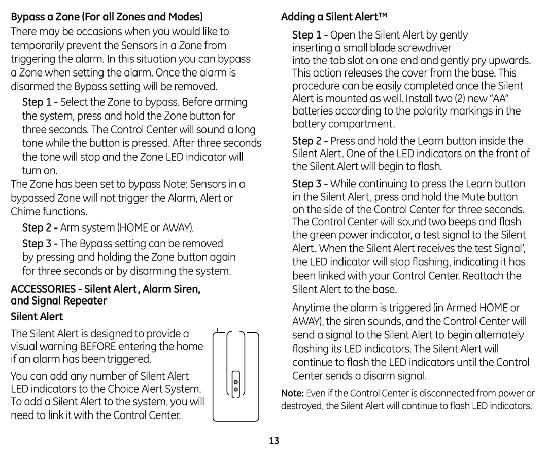 GE 45129 user manual Bypass a Zone For all Zones and Modes, Accessories Silent Alert, Alarm Siren Signal Repeater 