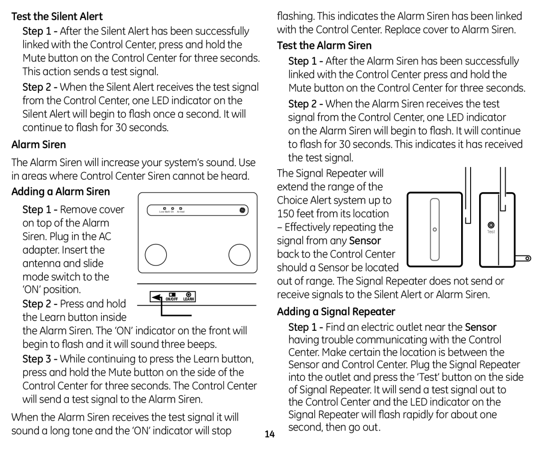 GE 45129 user manual Test the Silent Alert, Adding a Alarm Siren, Test the Alarm Siren, Adding a Signal Repeater 