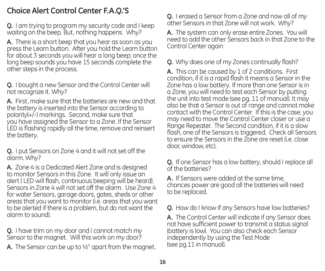 GE 45129 user manual Choice Alert Control Center F.A.Q.’S, See pg.11 in manual 