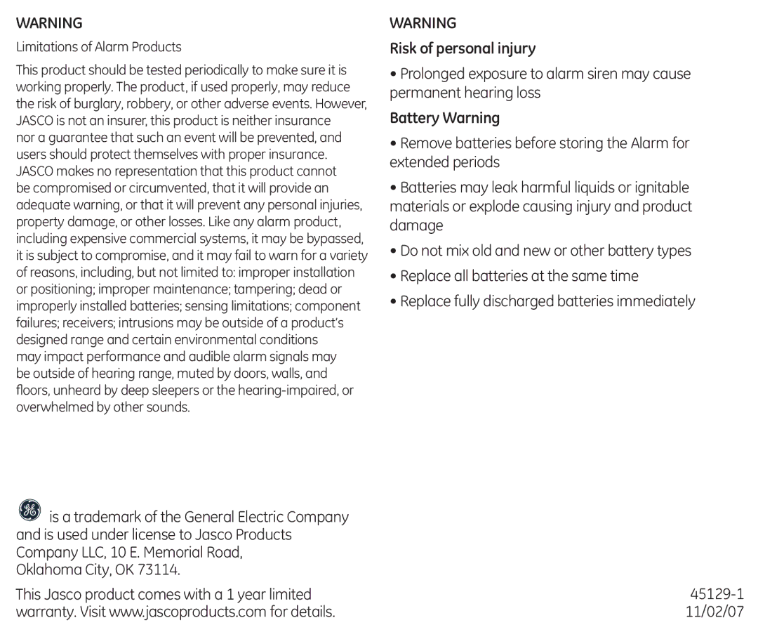 GE 45129 user manual Risk of personal injury, Battery Warning 