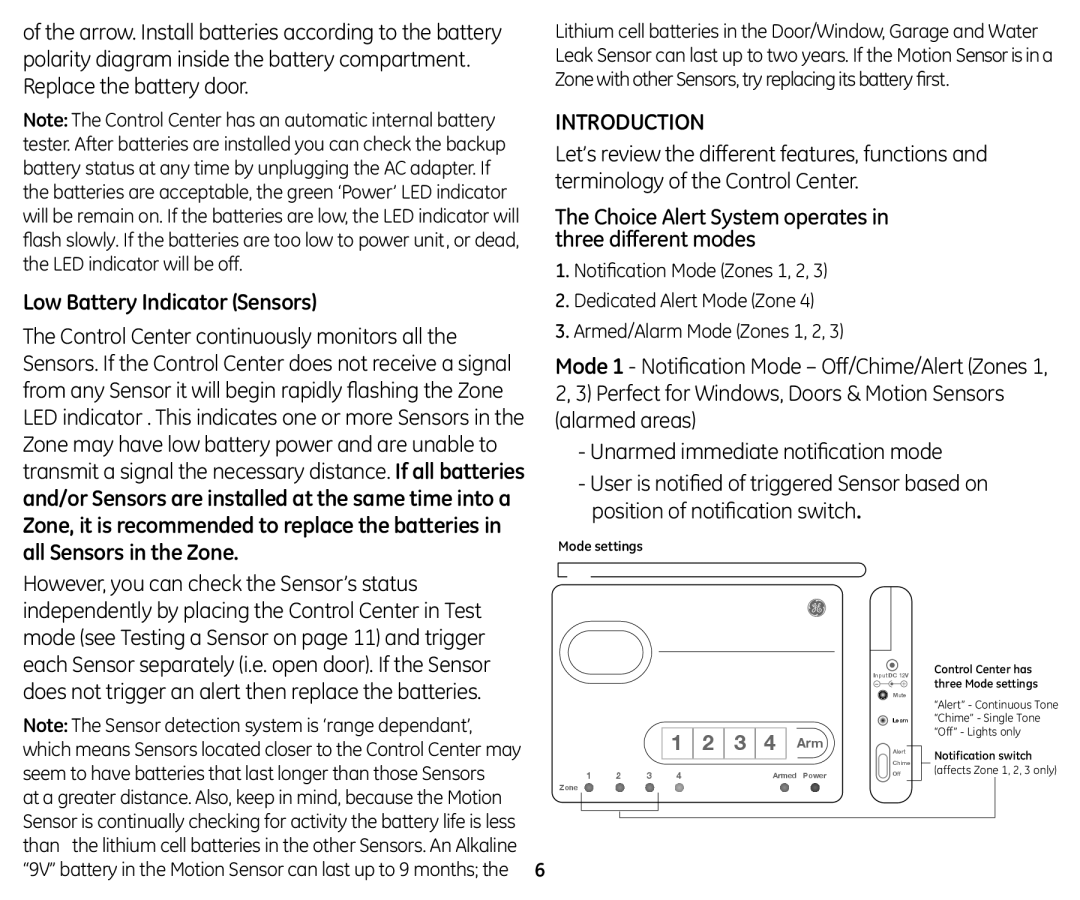 GE 45129 Low Battery Indicator Sensors, Choice Alert System operates in three different modes, All Sensors in the Zone 