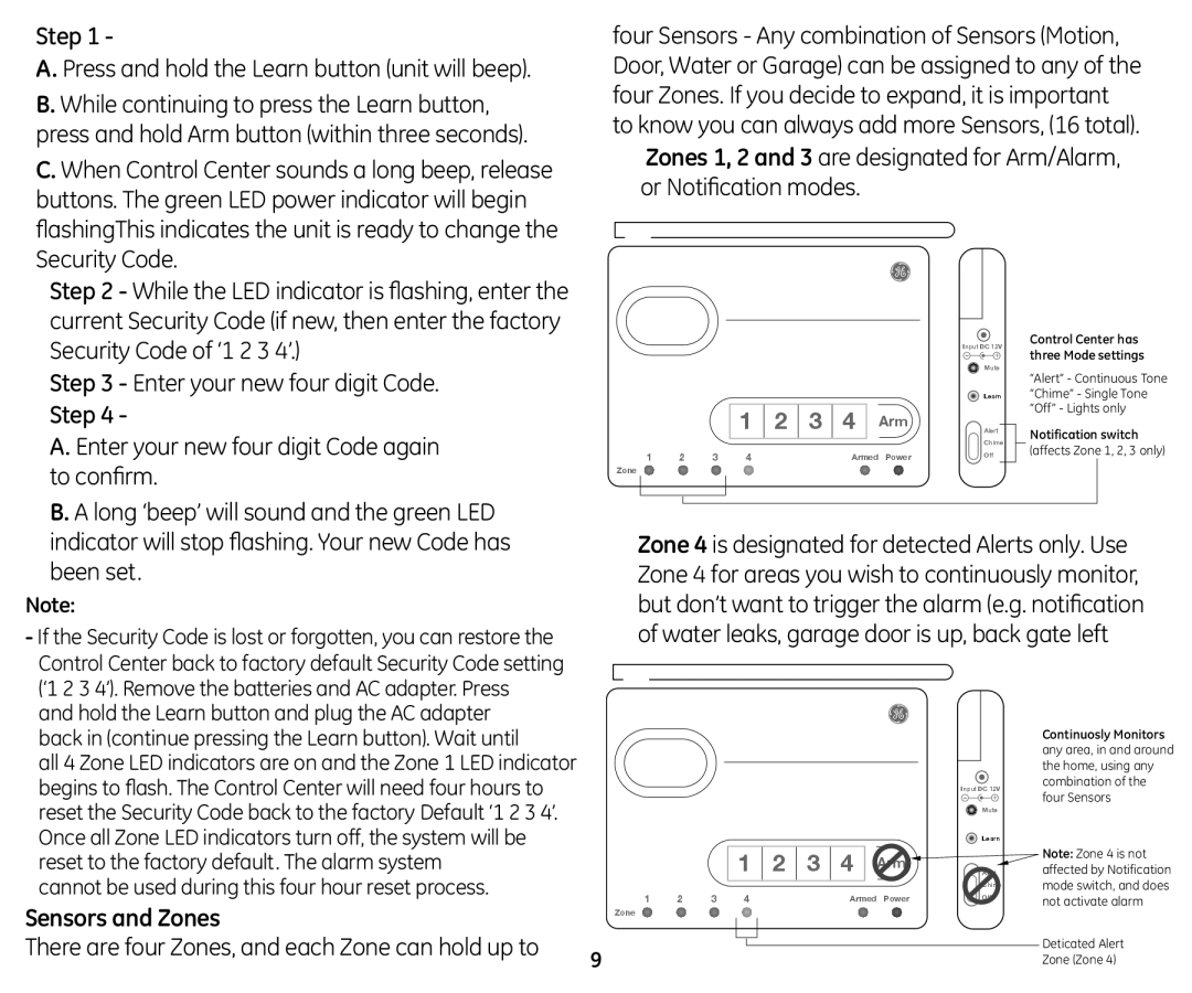 GE 45129 user manual Step Press and hold the Learn button unit will beep, Sensors and Zones 