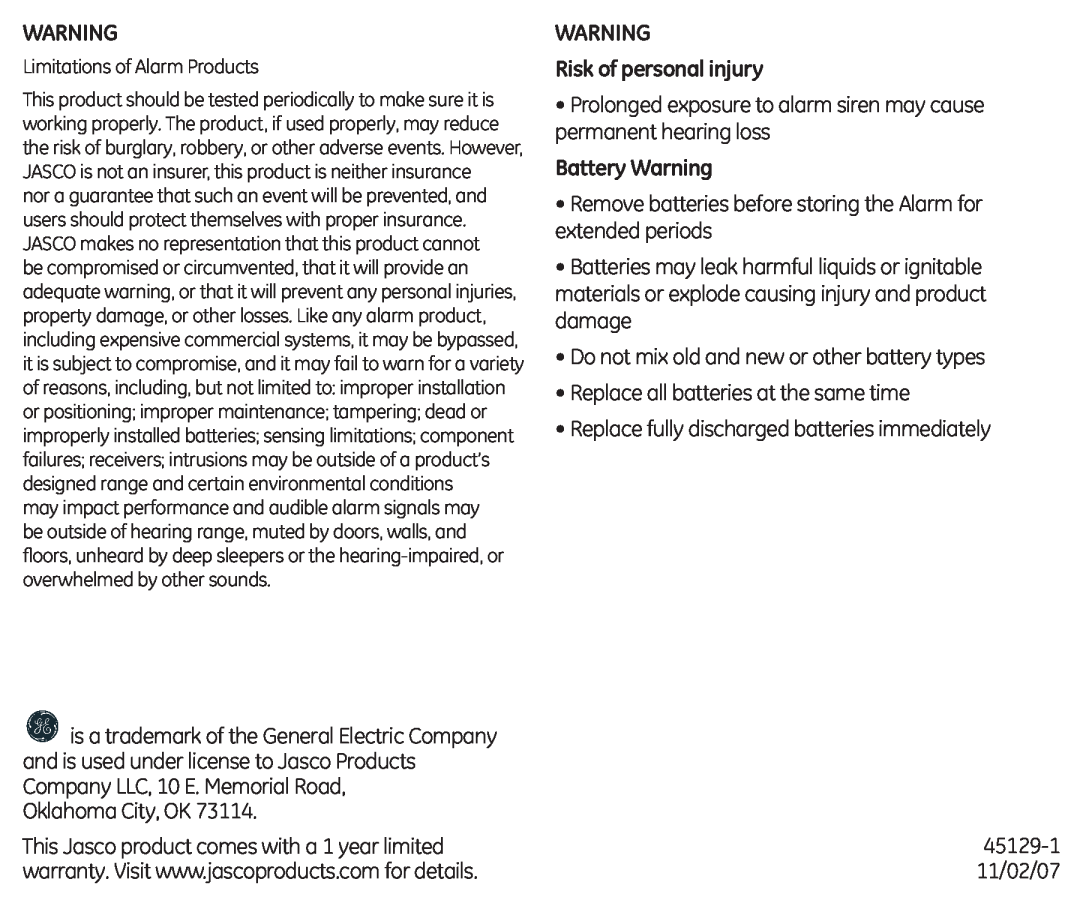 GE 45129 user manual Risk of personal injury, Battery Warning 